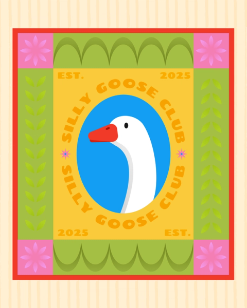 Gänsekopf auf einem blauen Oval, umrahmt von einem rechteckigen gelben, rosa und grünen Rand auf einem gestreiften gelben Hintergrund