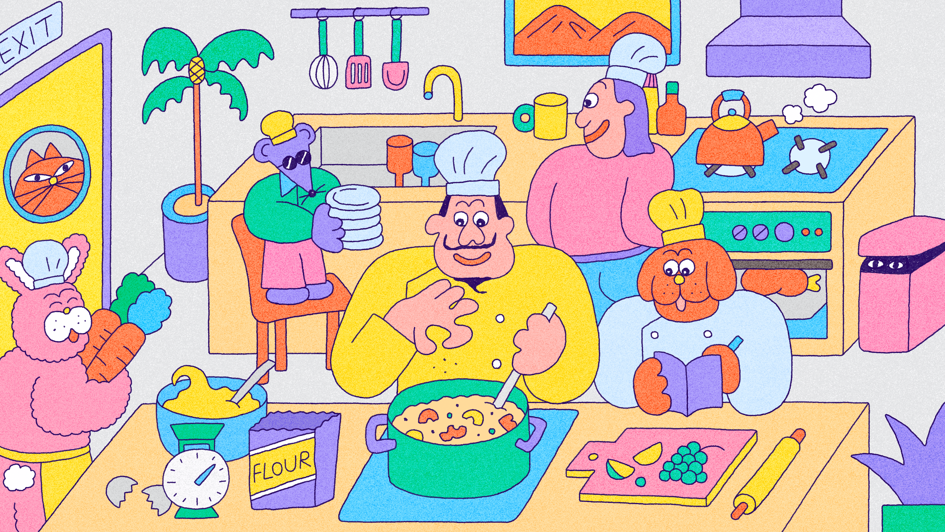 Colorful cartoon-style illustration of a lively kitchen scene. Anthropomorphic characters are cooking and preparing food alongside humans. One character stirs a pot, another reads a recipe, and another washes dishes. A cat peers through a round window in a yellow door marked 'EXIT.' Kitchen items like flour, eggs, carrots, and utensils are scattered across the counters. The background includes a stove, sink, tropical plant, and a framed landscape picture.