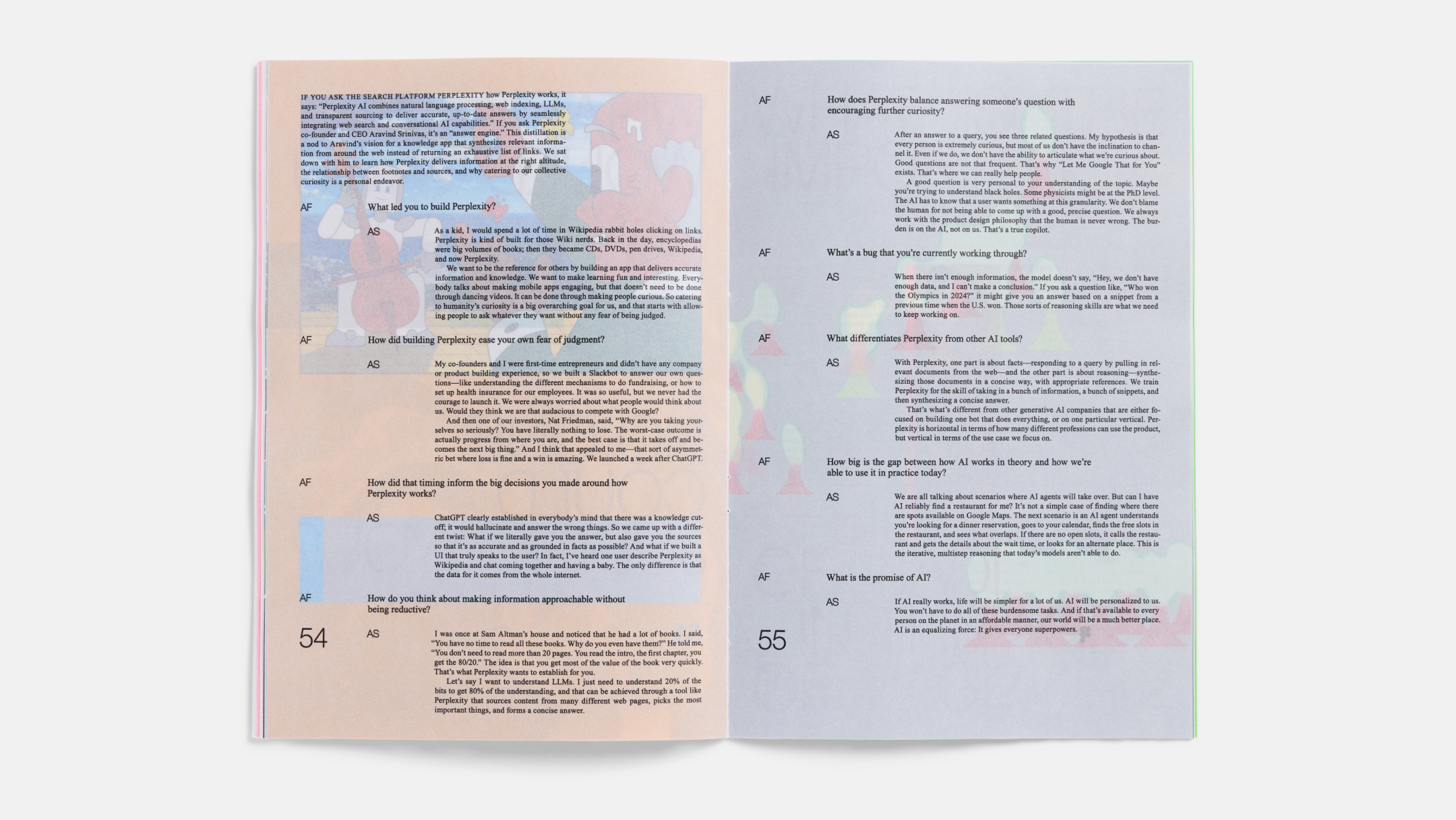 A magazine spread shows blocks of text printed on transparent vellum, allowing illustrations on other pages to bleed through.