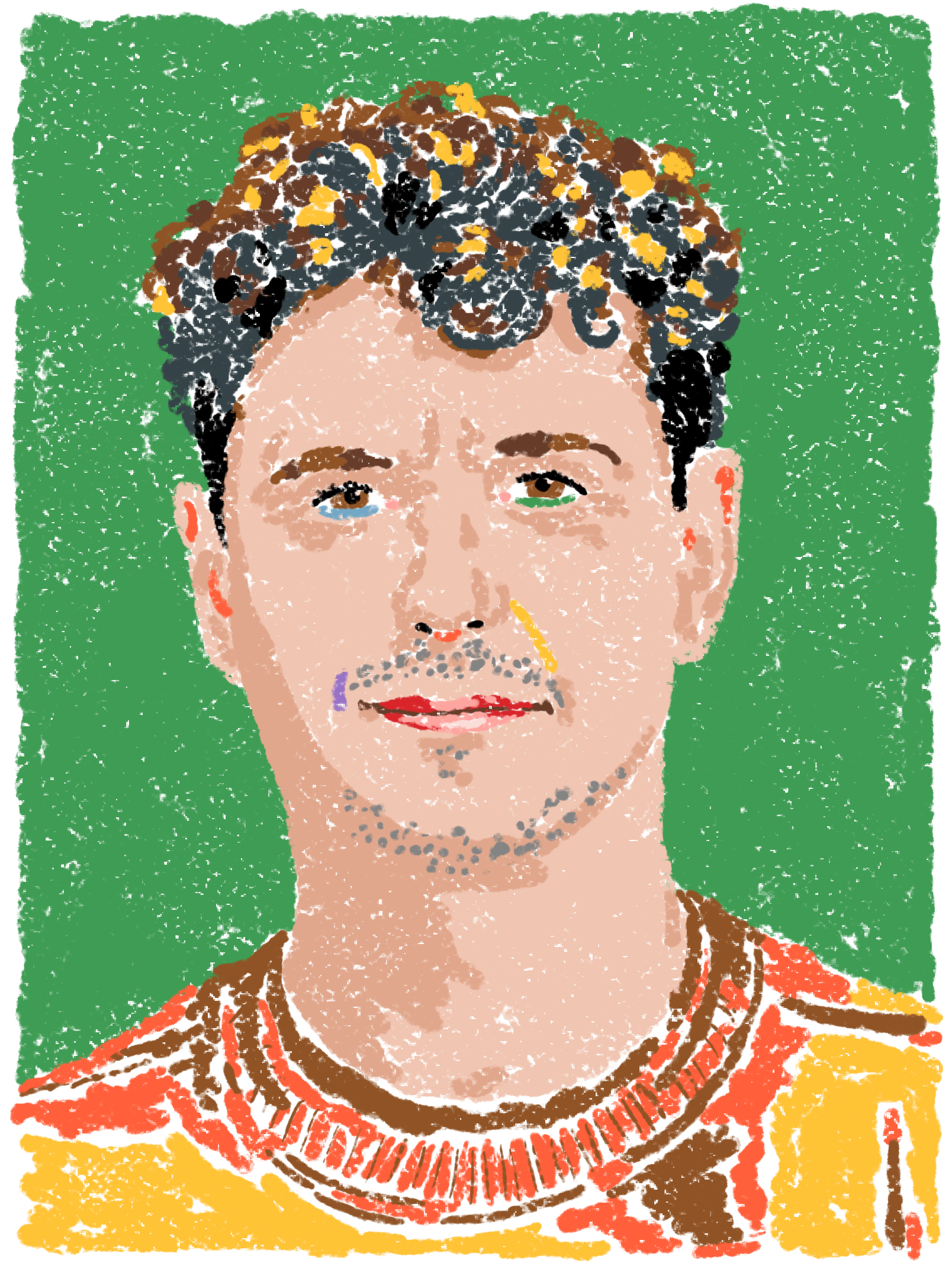 Illustration of Pablo Sánchez, who has curly hair and is wearing a yellow sweater, over a green background