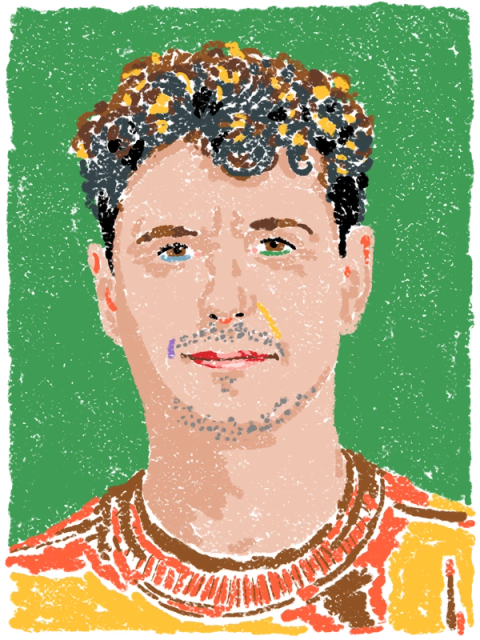 Illustration of Pablo Sánchez, who has curly hair and is wearing a yellow sweater, over a green background