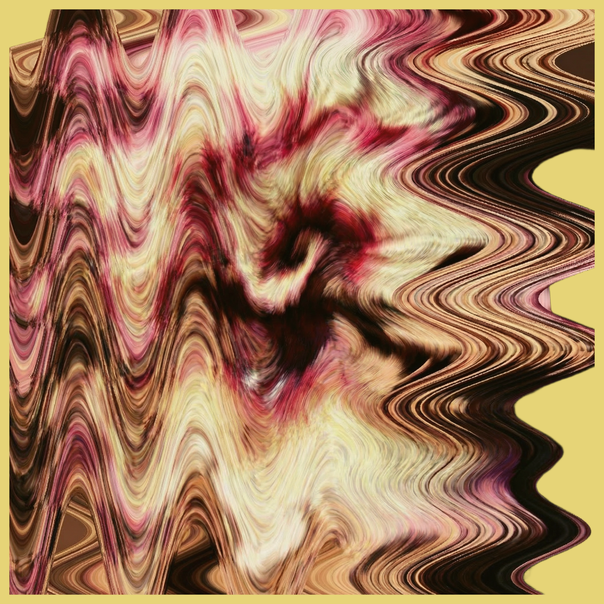A heavily distorted version of the combined flower and rock image with dense zigzag ripples across the surface, placed on a yellow Epoch brand color background.