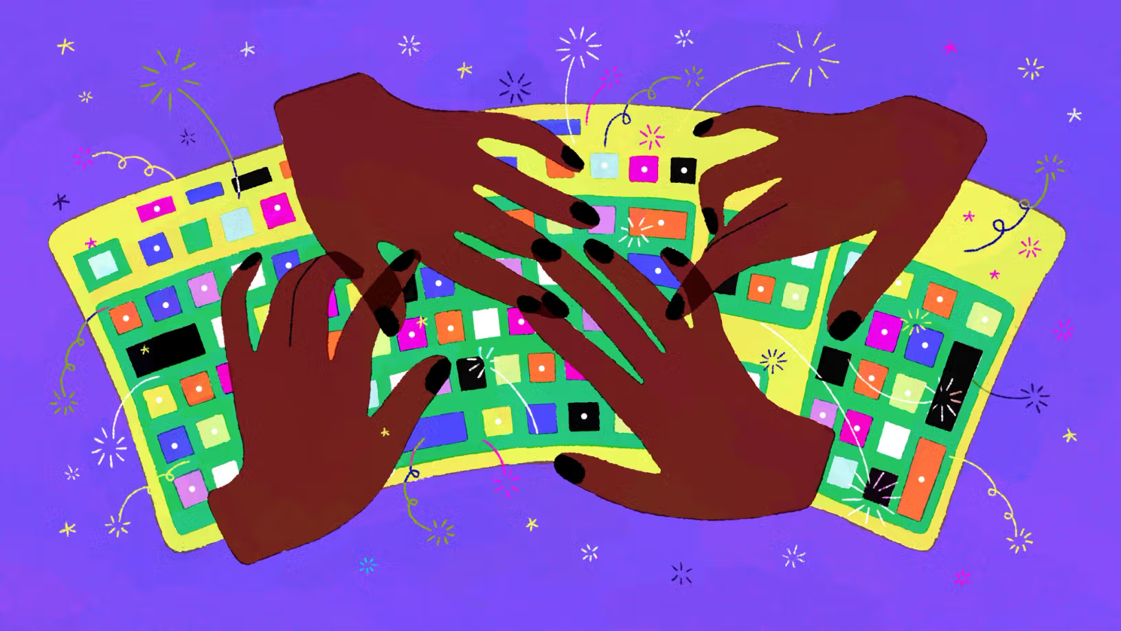 Illustration of four hands with black-painted nails typing across three colorful keyboards against a purple background, surrounded by festive sparkles and confetti-like flourishes that suggest lively collaboration.