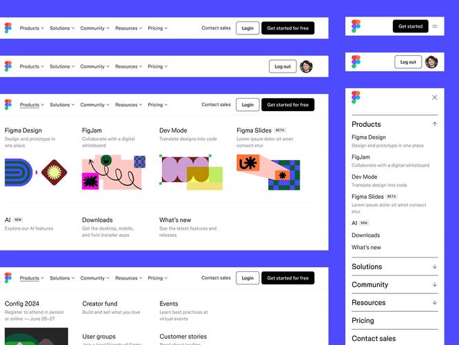Different layouts of a Figma website navigation bar showing menus, login and logout buttons, and dropdowns for product categories. Variants include both desktop and mobile styles on a blue background.