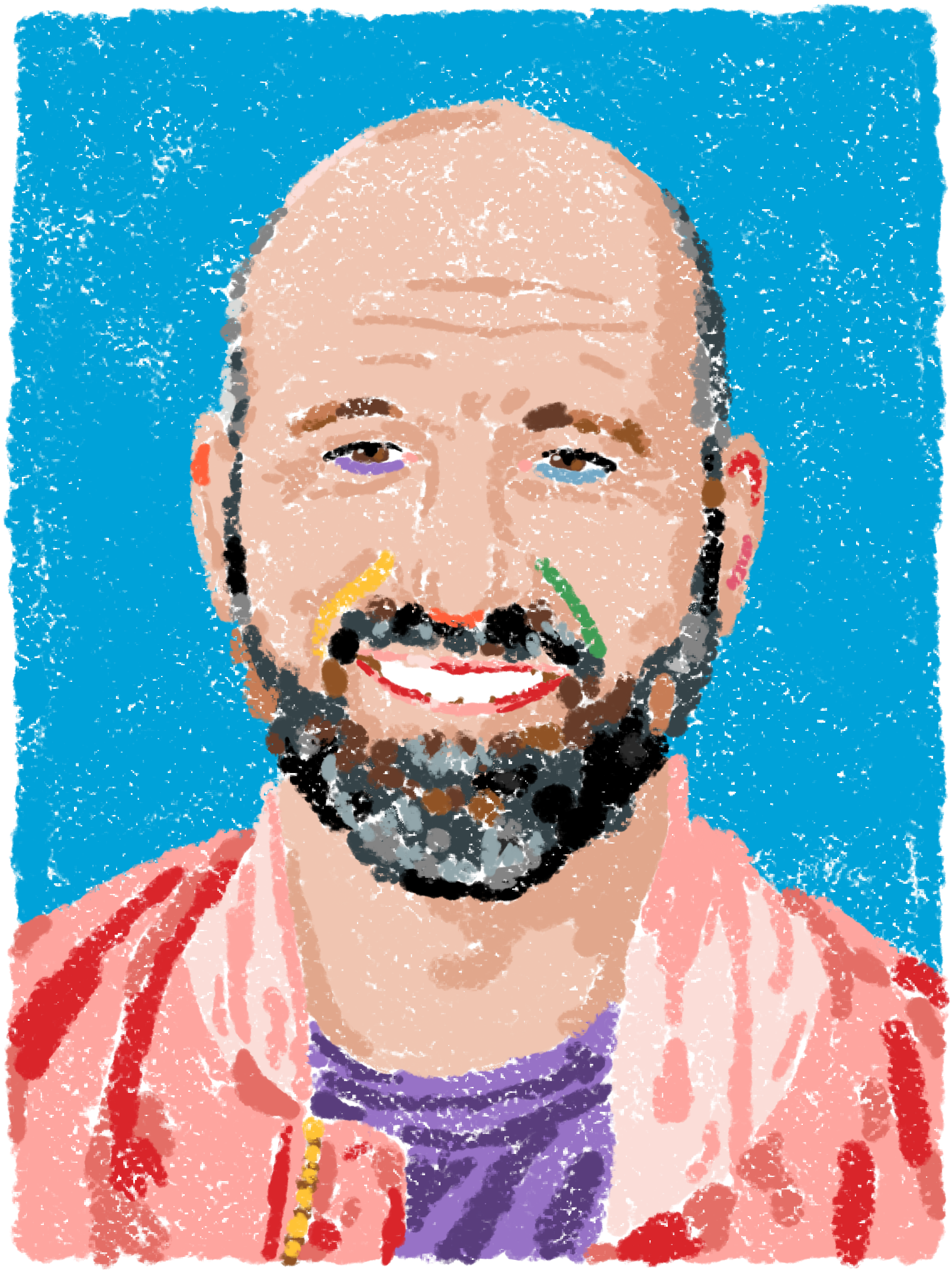 A colorful crayon-style portrait of Andrew Bosworth against a bright blue background.