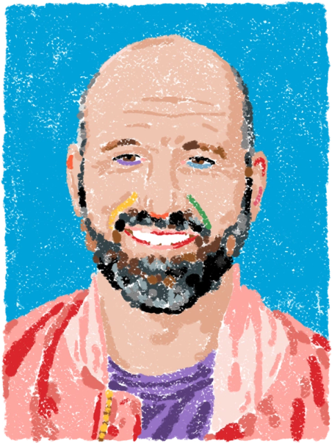A colorful crayon-style portrait of Andrew Bosworth against a bright blue background.