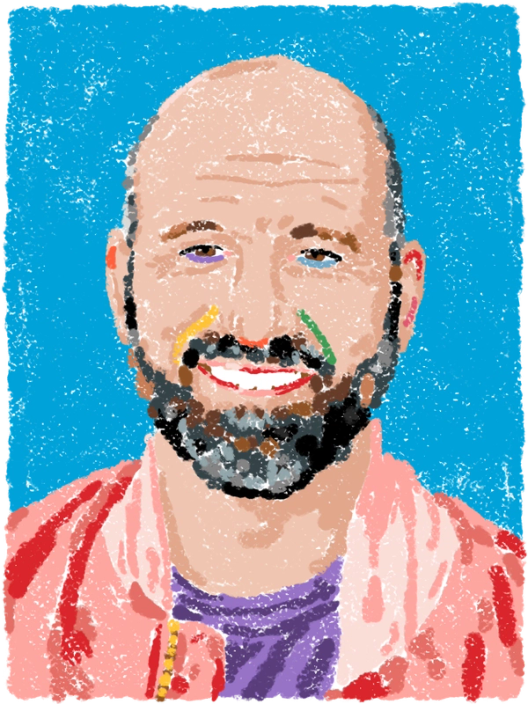 A colorful crayon-style portrait of Andrew Bosworth against a bright blue background.