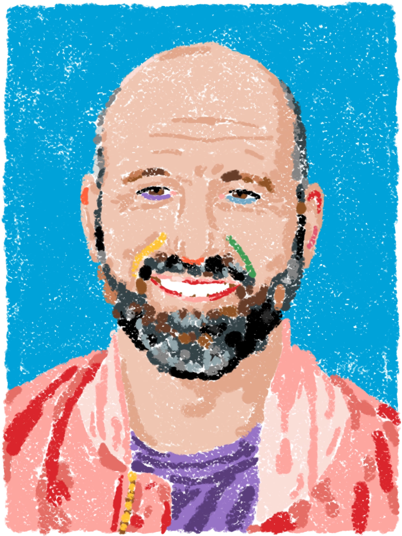A colorful crayon-style portrait of Andrew Bosworth against a bright blue background.