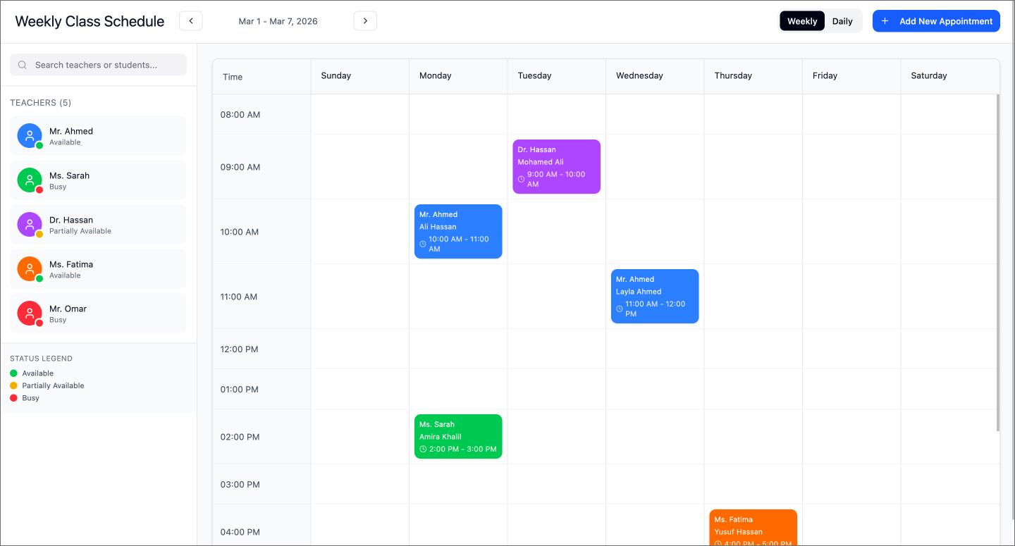 Screenshot of a weekly class schedule made using Figma Make.