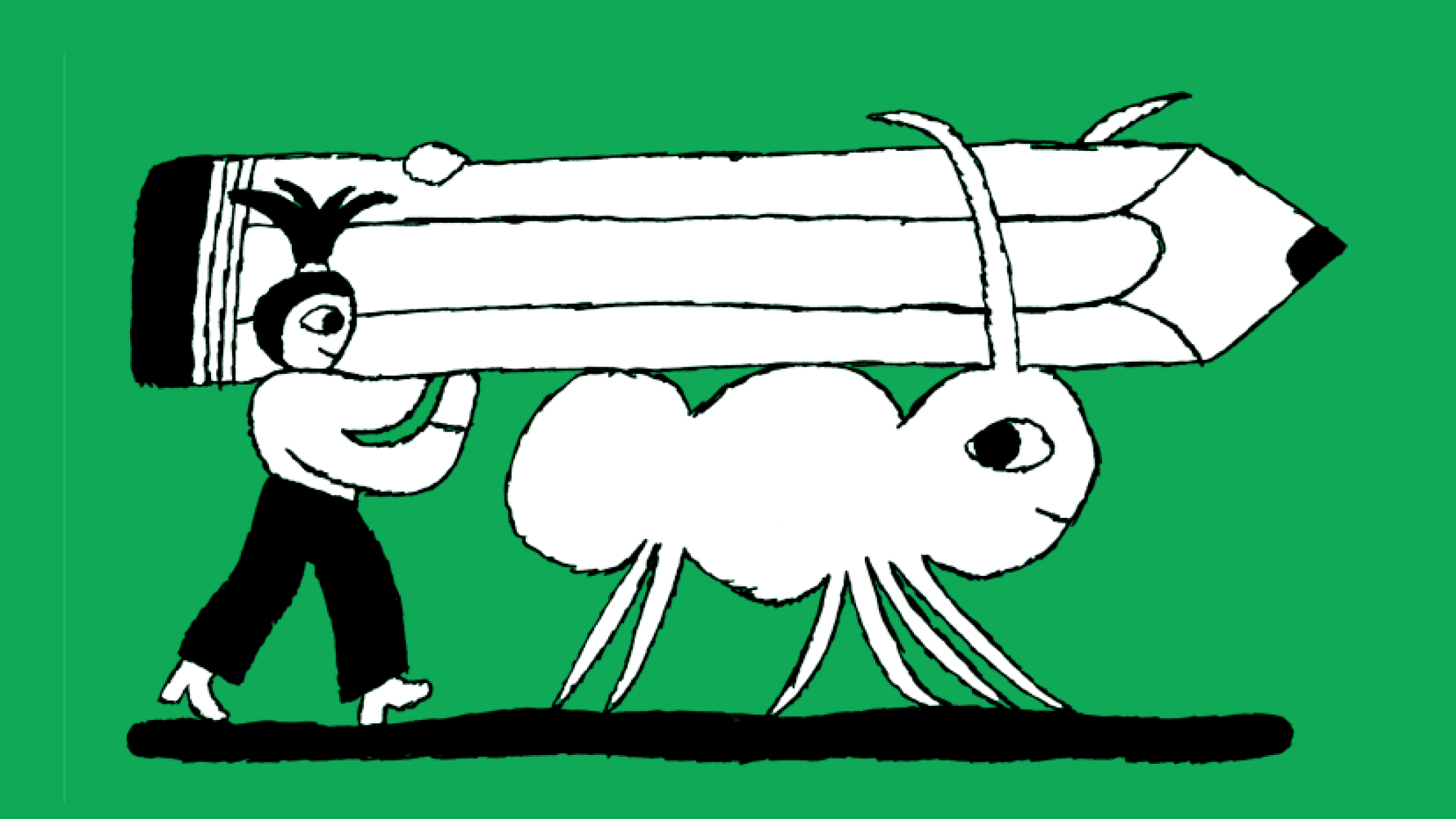 A hand-drawn illustration of a person and an enormous ant carrying a pencil together