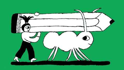 A hand-drawn illustration of a person and an enormous ant carrying a pencil together