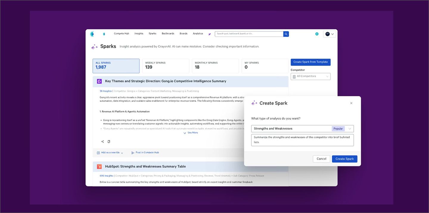 Screenshot of a demo on Crayon’s website, showcasing the Crayon Sparks feature.
