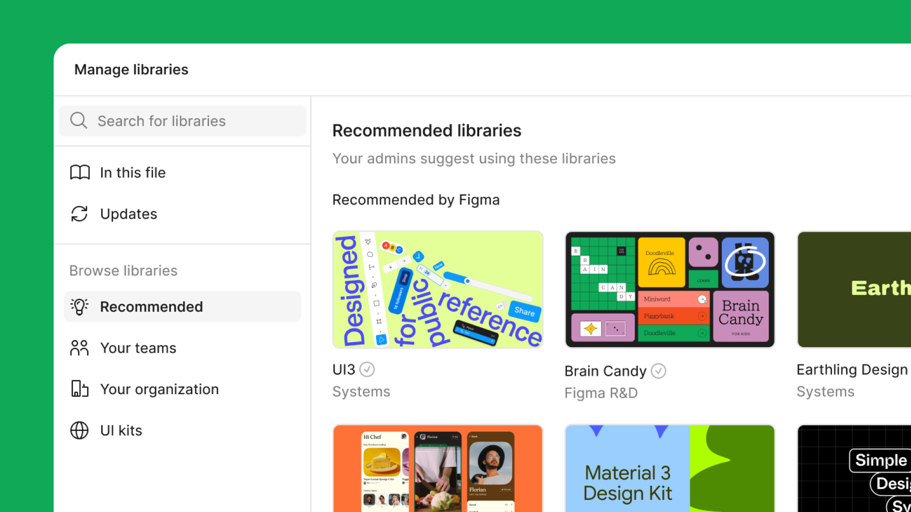 Interface do Figma com bibliotecas recomendadas na página de gerenciamento de bibliotecas