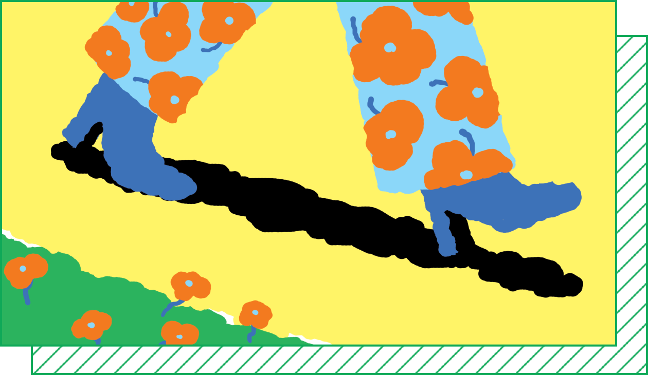  Illustration of someone in blue boots and poppy-print pants walking on a yellow background