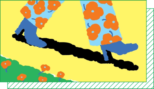 Illustration of someone in blue boots and poppy-print pants walking on a yellow background