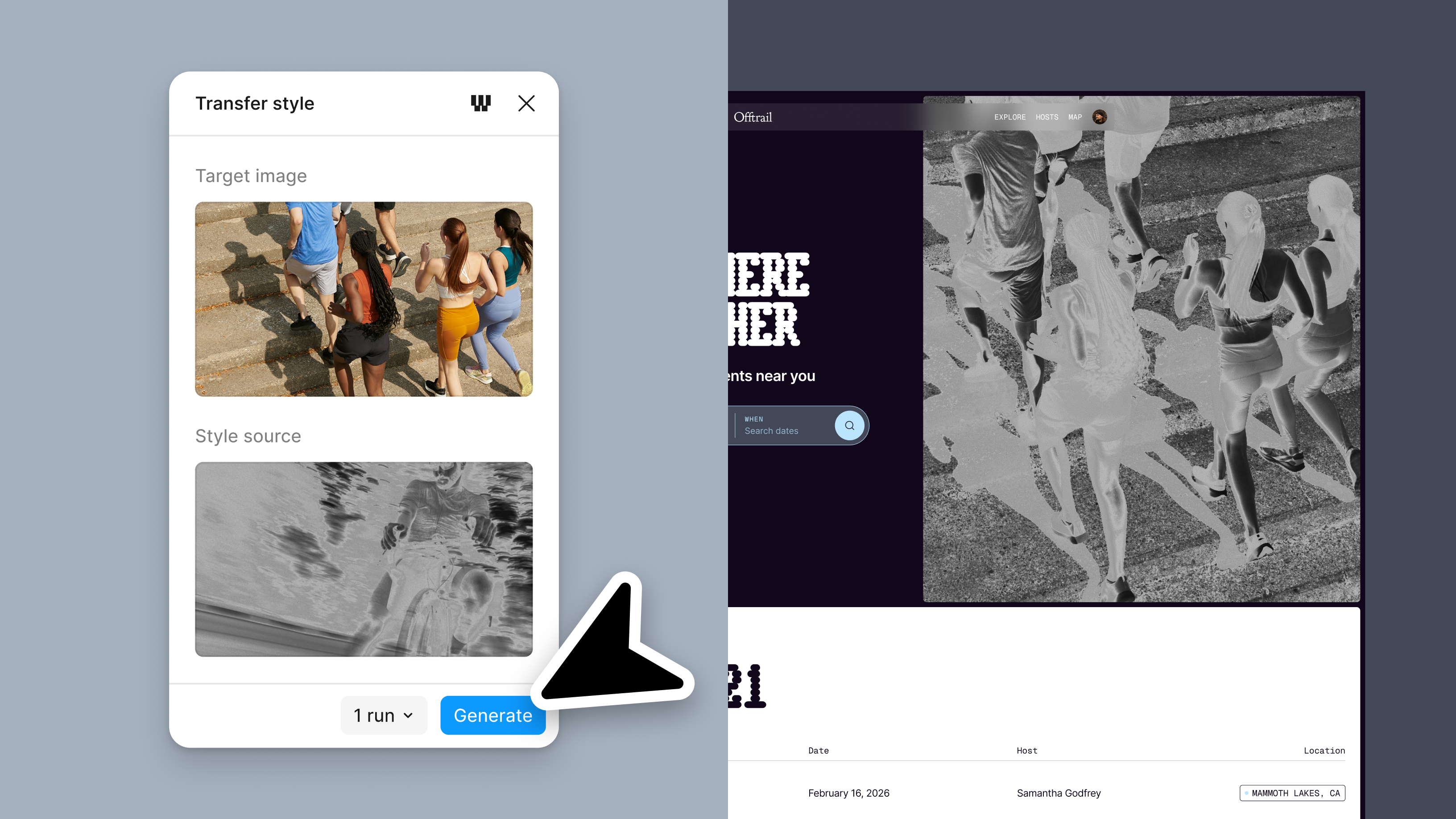 Style transfer interface showing a target image, a style reference image, and a generated webpage preview, illustrating AI-powered visual style application across design assets.