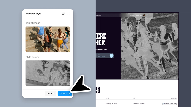 Style transfer interface showing a target image, a style reference image, and a generated webpage preview, illustrating AI-powered visual style application across design assets.