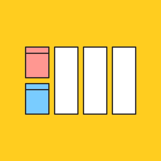 three long and skinny rectangles with two blue and red squares next to them