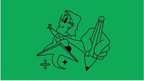 A person rides an arrow like a surfboard, reaching toward the viewer with a pencil in hand.