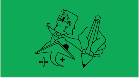 A person rides an arrow like a surfboard, reaching toward the viewer with a pencil in hand.