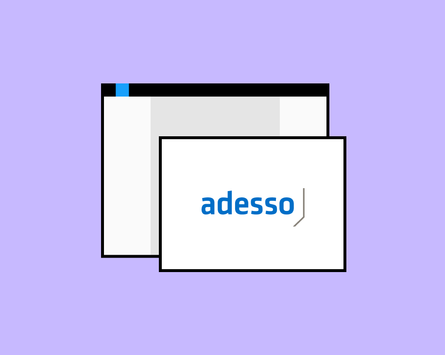 Two screens with adesso logo with purple background