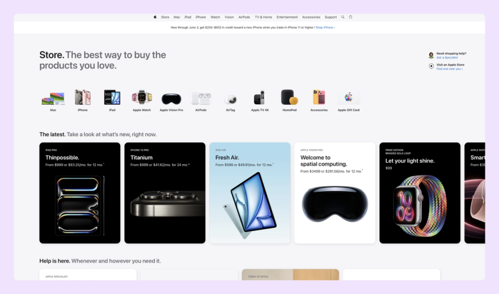 Screenshot of Apple's homepage showing their color scheme