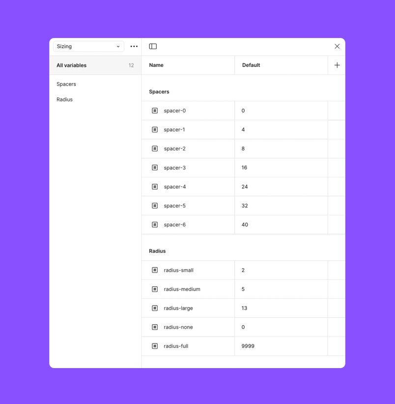 A Figma design interface displayed on a purple background, showing a table of sizing variables. The table is divided into two sections: "Spacers" with values ranging from 0 to 40, and "Radius" with values from 0 to 9999.