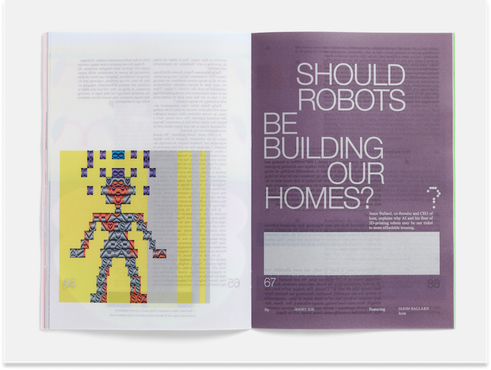 A magazine spread with an illustration of a pixelated robot and a purple title page.