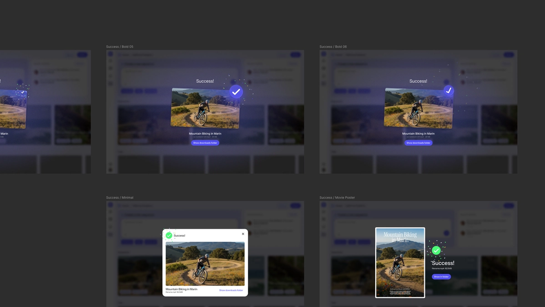 Four design explorations for an export success state, showing different visual treatments—Bold 05 with a centered checkmark and particle burst, Bold 06 with a corner-pinned checkmark, Minimal with a compact dialog, and Movie Poster with a full-bleed thumbnail—all confirming a completed export of "Mountain Biking in Marin.