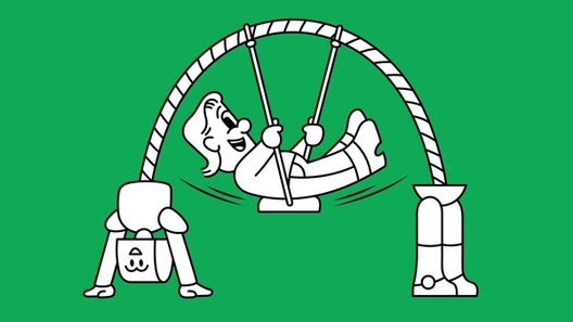 An illustration shows a robot doing a backbend, creating an arch structure that supports someone on a swing.