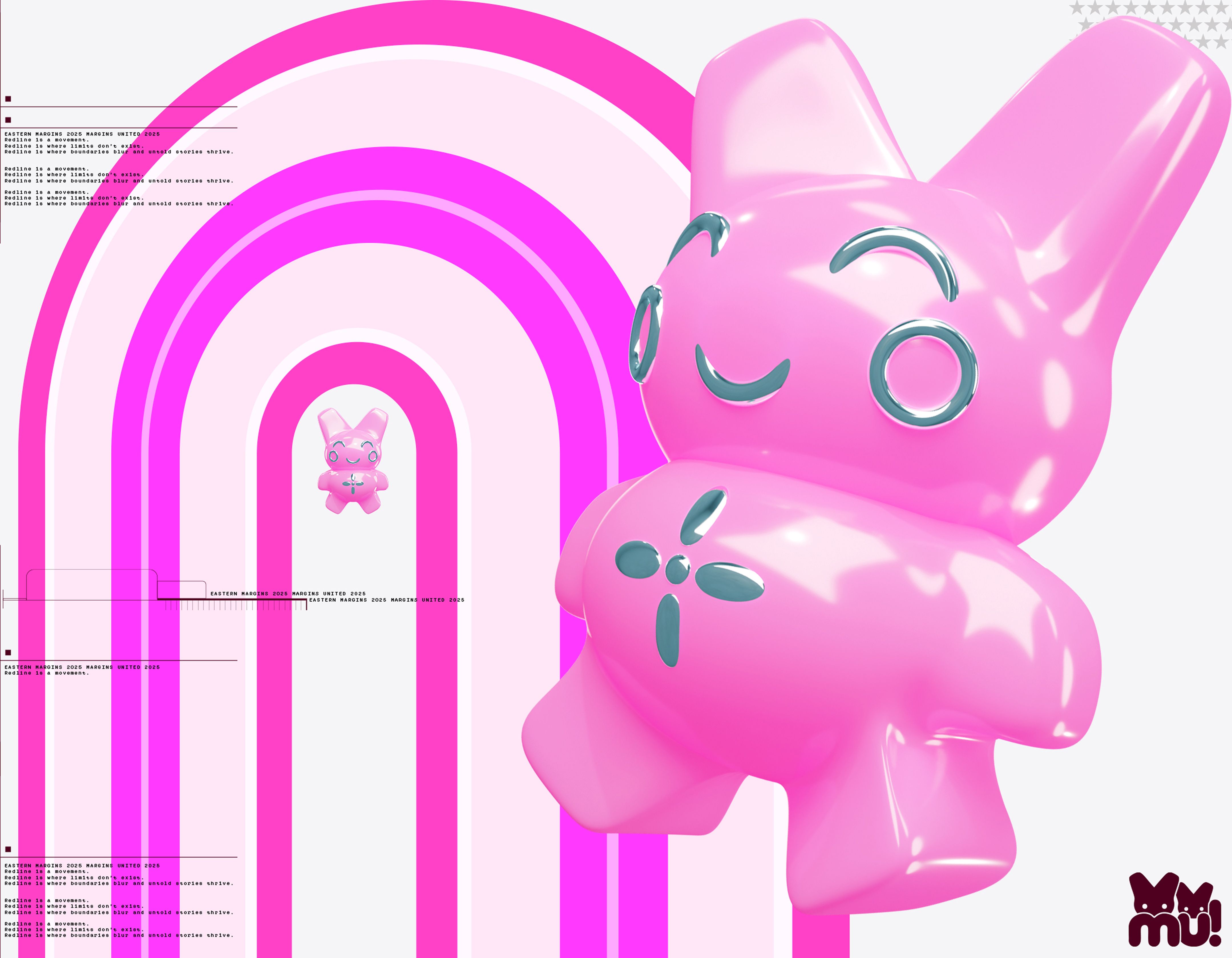 Glossy pink bunny character with teal accents in front of retro pink gradient rainbow backdrop.