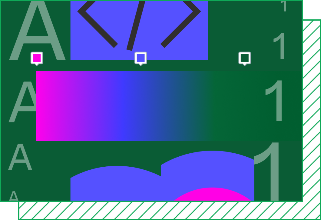 A rectangle changes from hot pink, to periwinkle blue, to forest green, blending into the background of the graphic. The letter A and number 1 repeat at either end in different sizes.