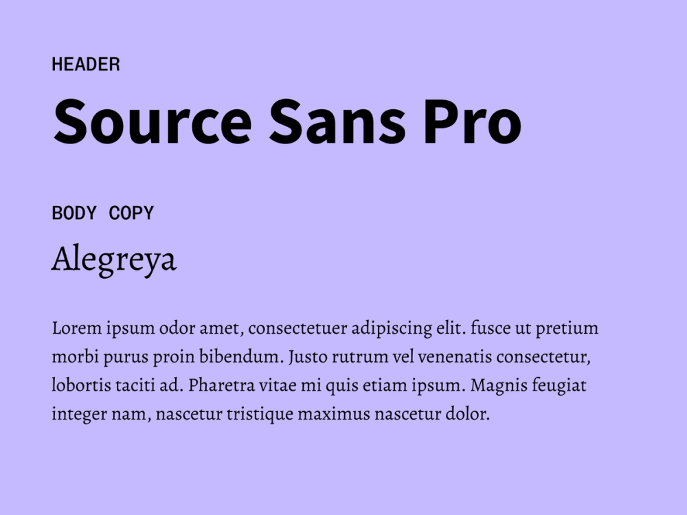 Example text showing Source Sans Pro and Alegreya as a font pairing.