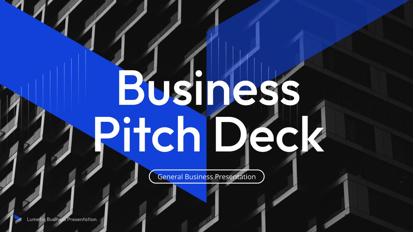 A sleek, blue business pitch deck.