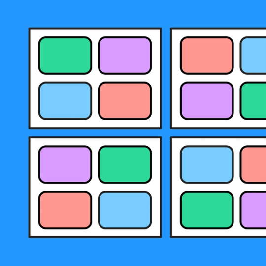 four white squares with colorful rectangle shapes overlayed on top of each square