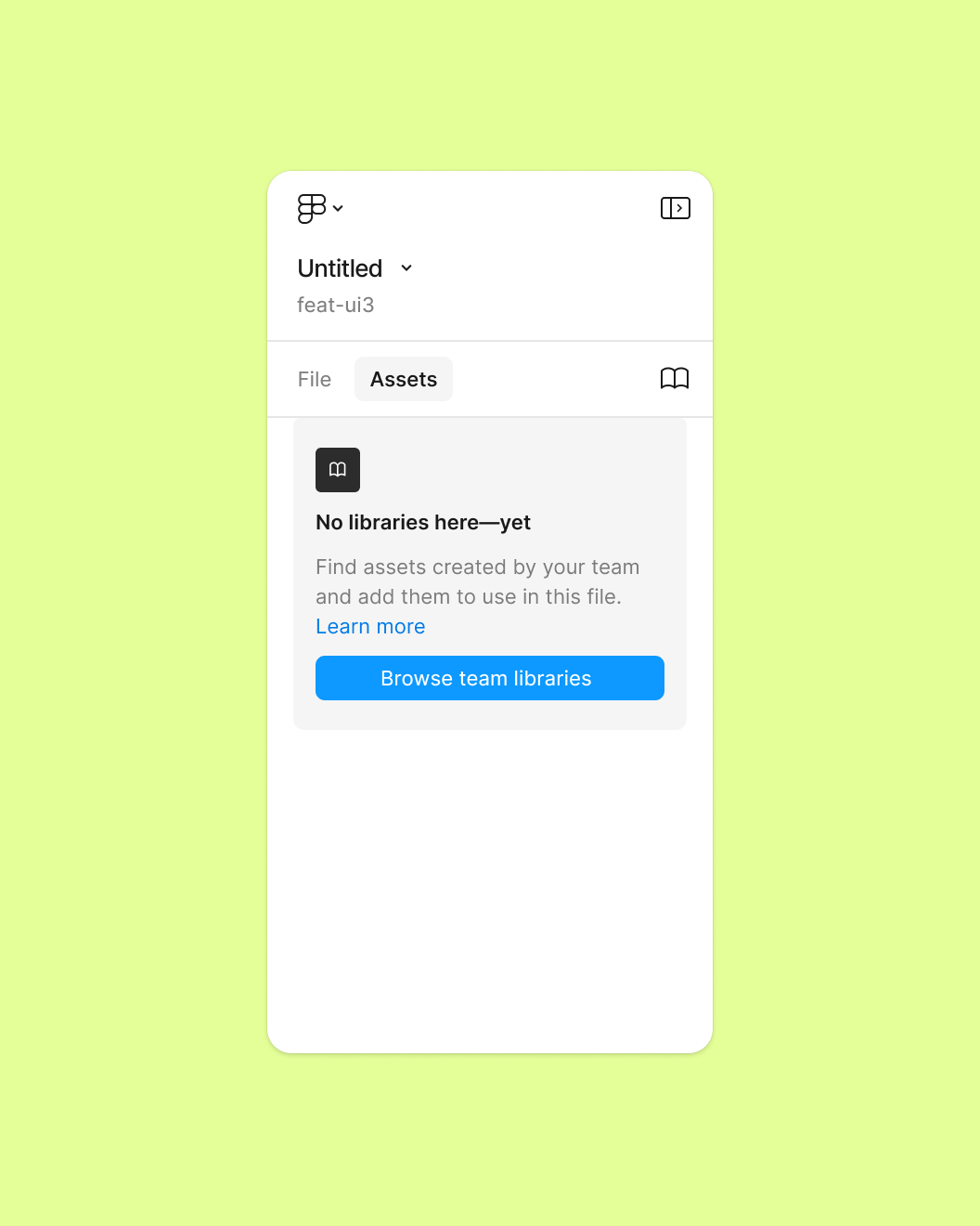 Figma's Assets panel without the Code Connect indicator, showing an empty state with no team libraries available.
