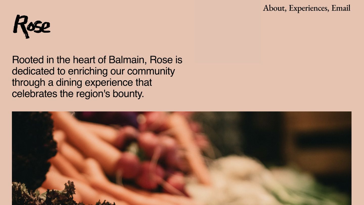 The about us page of a restaurant, prioritizing pleasant branded colors and fresh-looking images.