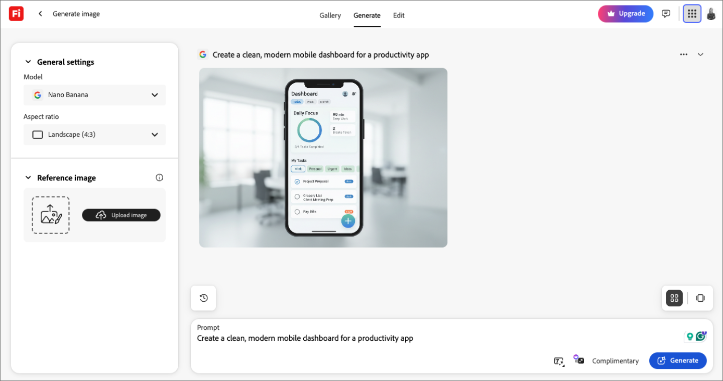 Screenshot of a user prompting Adobe Firefly to create a mockup of a mobile dashboard.