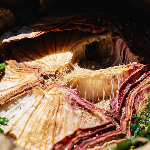 An AI-generated close-up of a flower rendered in layered organic textures, with cream and purple-tinged striations curling inward toward a hollow center.