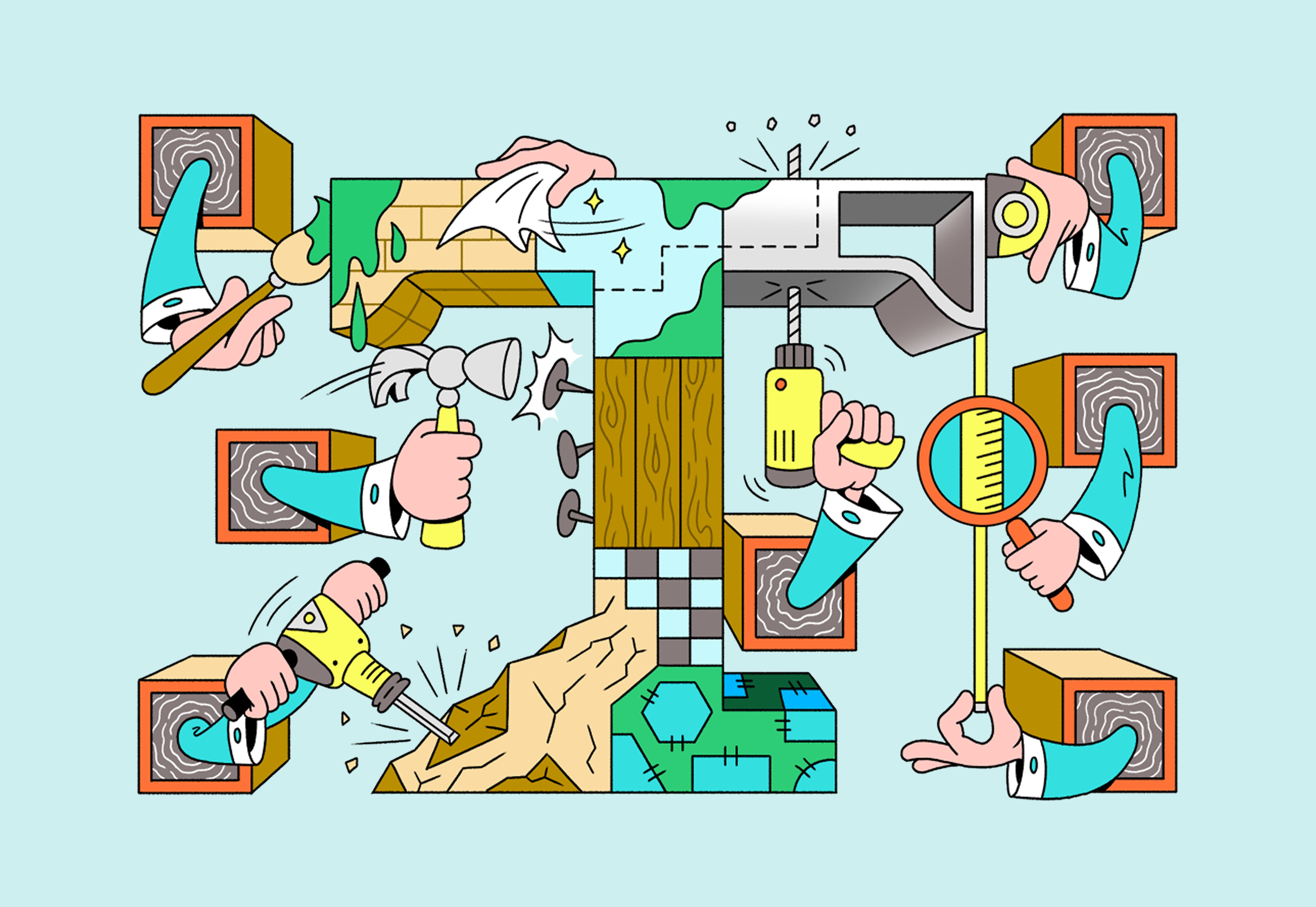Illustration of a letter T built from mixed materials, assembled by many hands using tools like drills, hammers, brushes, and a magnifying glass.