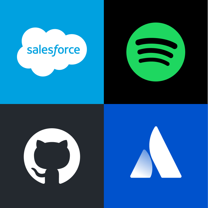 Salesforce, Spotify, GitHub, and Atlassian लोगो.