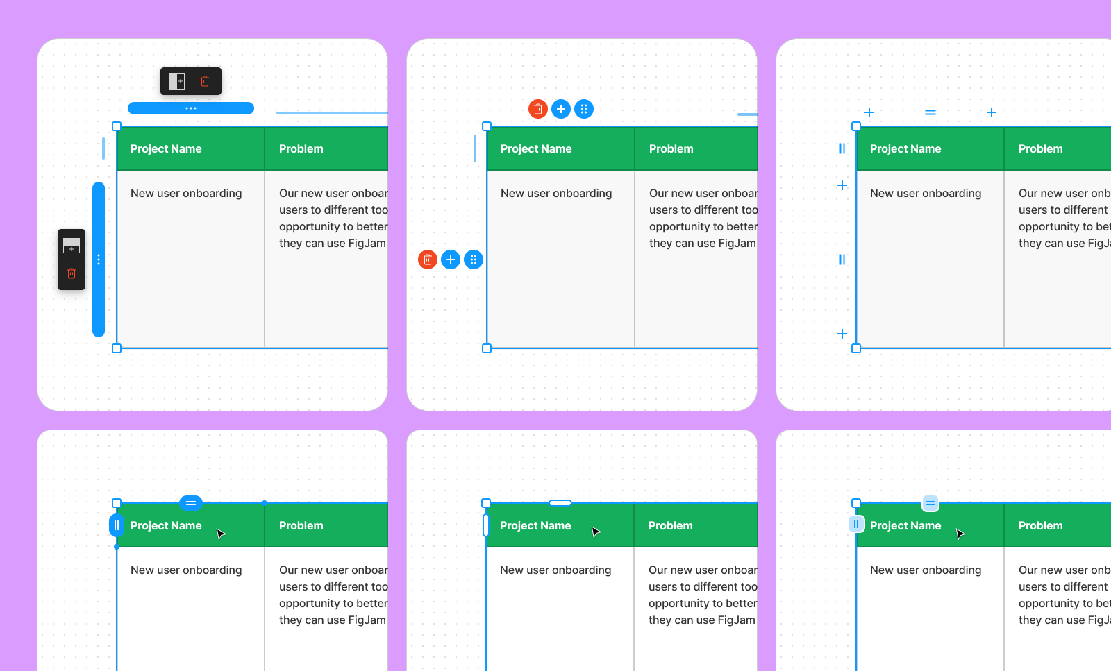 Six versions of tables in FigJam, all against a purple background. Each shows a different approach to adding and adjusting columns and rows in a table.