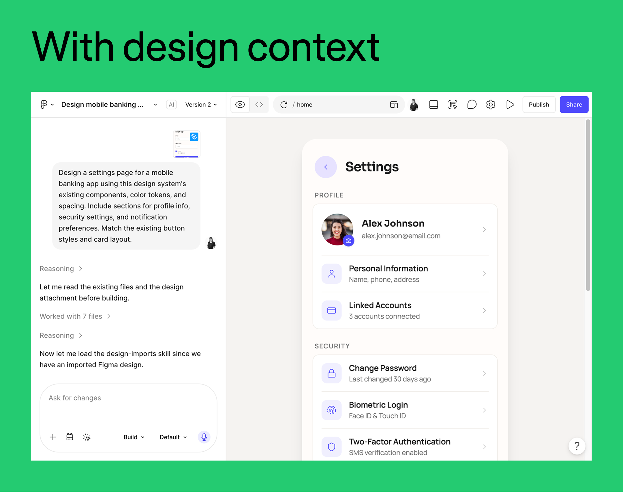 A graphic shows screenshots of a Figma Make prompt and its result, with and without design context.