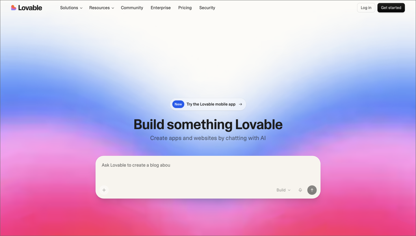 Lovable homepage, showing the AI prompt box.