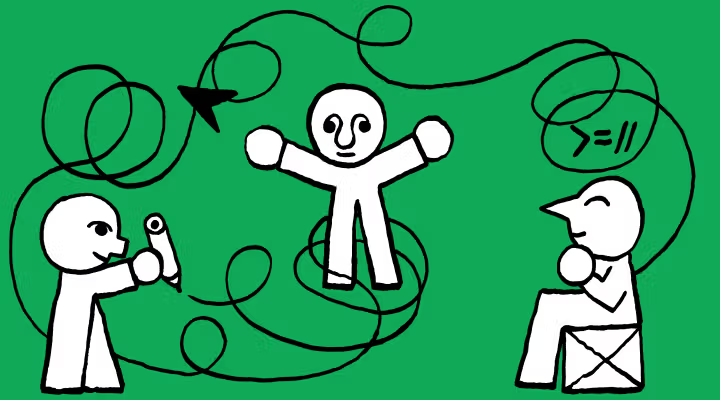 Illustration of three people connected by a swirly line drawn by a pencil