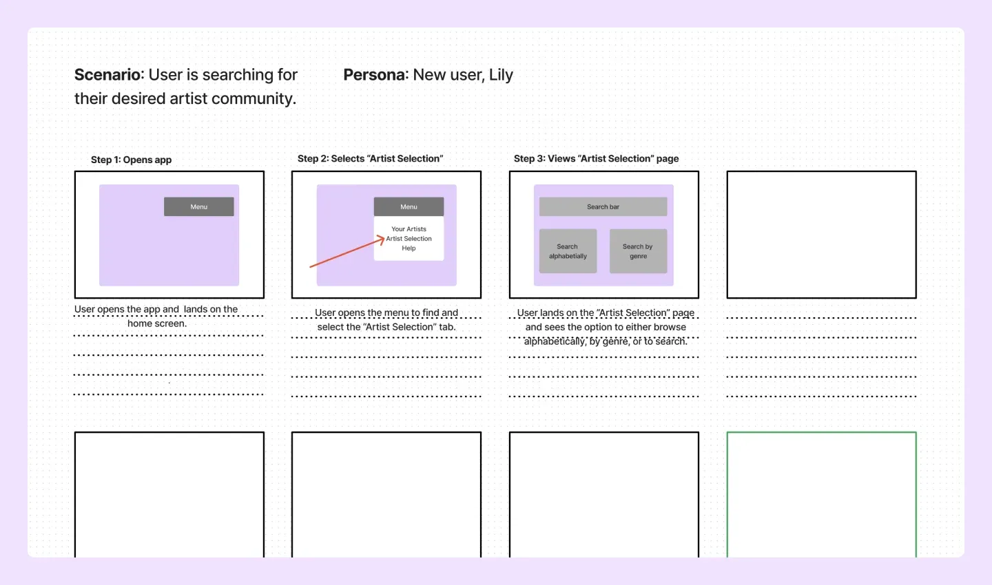 Include other details to illustrate the user’s experience—describe the user’s changing emotions or add real quotes from user research to help your team empathize with users. When you’ve finalized the order, note potential visuals for each panel to prepare for the last storyboarding step. Step 5: Add visuals and text Fill out each storyboard panel one at a time. Add a title and a number at the top, write the caption, sketch the panel’s main imagery, and add arrows and annotations to communicate flow between panels. Use extra call-outs for questions and context as needed. Remember, the goal is to show how customers will engage with your product, not visual polish. Use basic shapes and simple explanations at this stage—don’t focus on color, font choices, or perfecting the layout. Elements will likely change as stakeholders share feedback and features or goals change. Review and revise Look for panels that don’t flow well, feel too busy, or are confusing. Add panels for missing steps and remove ones that are redundant or unnecessary. Take another look at the hero’s journey as well. Is it clear how they reached their happy ending? More importantly, is it clear how the app or product helped solve their problem? While making adjustments, note changes that impact other project stages. For example, your team may use storyboards to prioritize fixes for the next product update. If your team shared lots of feedback for a specific feature, this is a sign that users are also struggling. Your team can then prepare a usability test for that pain point to find a solution. Storyboard examples FigJam can help you quickly create UX storyboards. Here are two examples. Let’s say your team is designing a phone application that connects music artist fans with other fans. The storyboard’s goal is to show how users find an artist community.