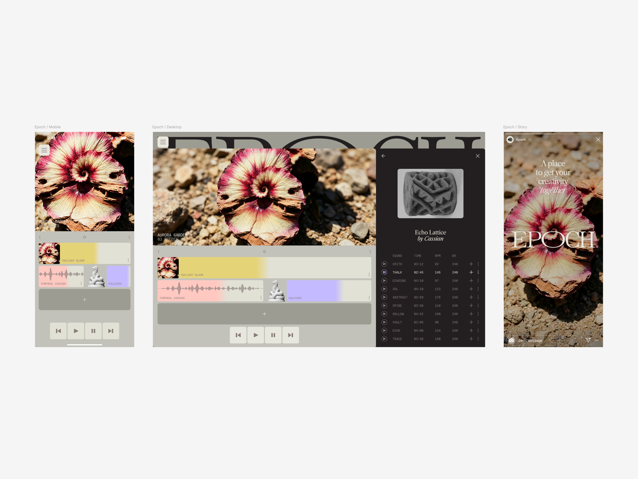 Mobile, desktop, and story mockups of the Epoch app showing a music player interface with a distorted hibiscus flower as the hero image, waveform tracks, and a social story format featuring the Epoch wordmark.