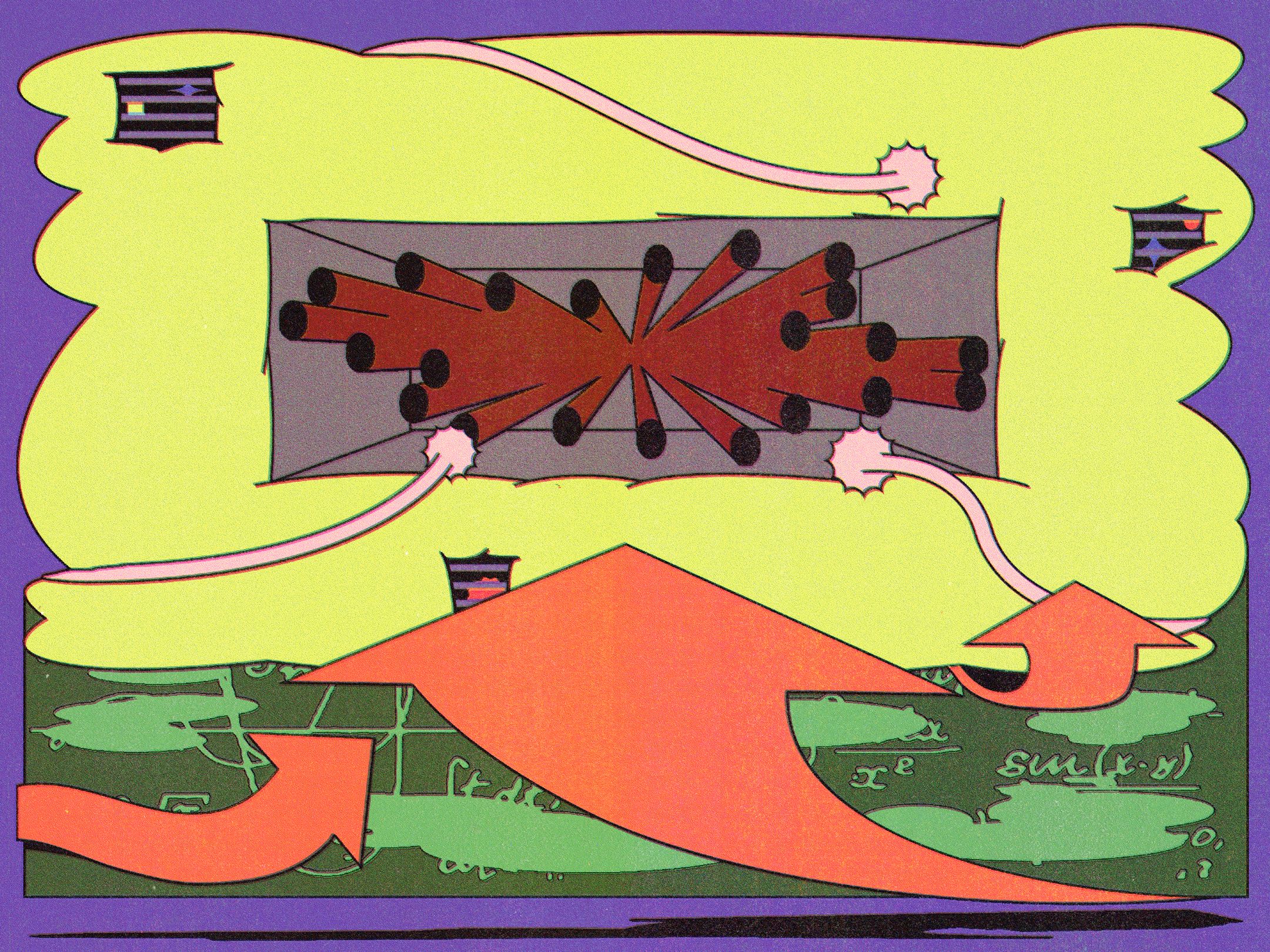 Abstract illustration with a central gray box emitting red beams and black dots, surrounded by arrows, lines, and chalkboard-like math symbols in bright colors.