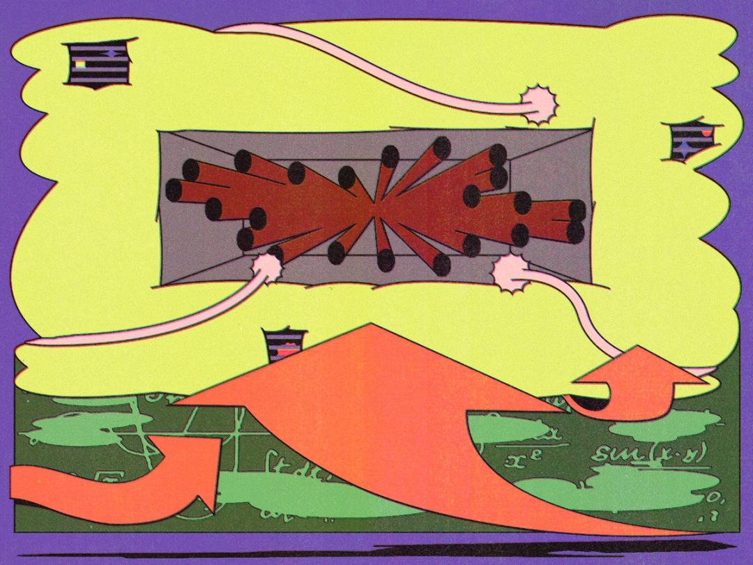 Abstract illustration with a central gray box emitting red beams and black dots, surrounded by arrows, lines, and chalkboard-like math symbols in bright colors.