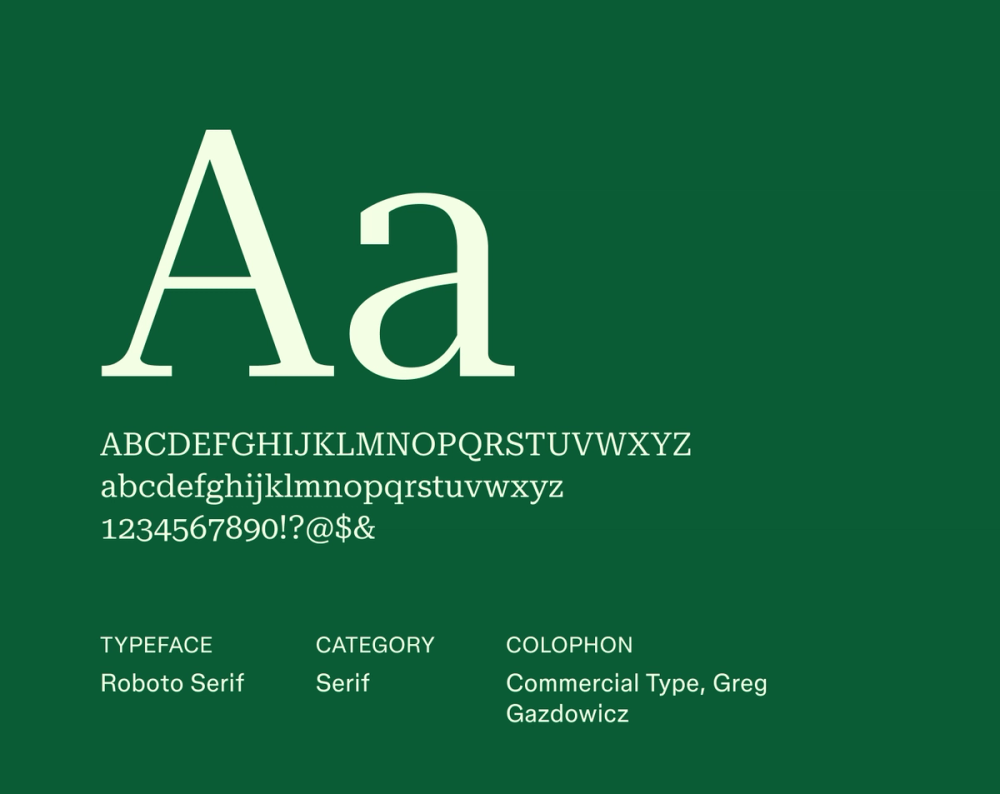 Roboto Serif sample with open, friendly curves and clean, structured shapes for screen readability.